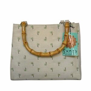 Sunny Hawaii Tan Embroidered Palm Tree Canvas Bag with Bamboo Handles